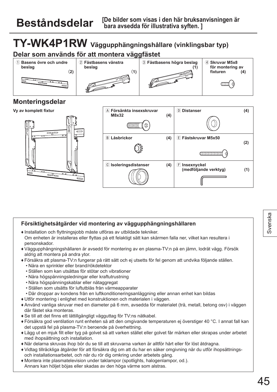 Beståndsdelar, Ty-wk4p1rw, Delar som används för att montera väggfästet | Monteringsdelar, Väggupphängningshållare (vinklingsbar typ) | Panasonic TYWK4P1RW User Manual | Page 45 / 84