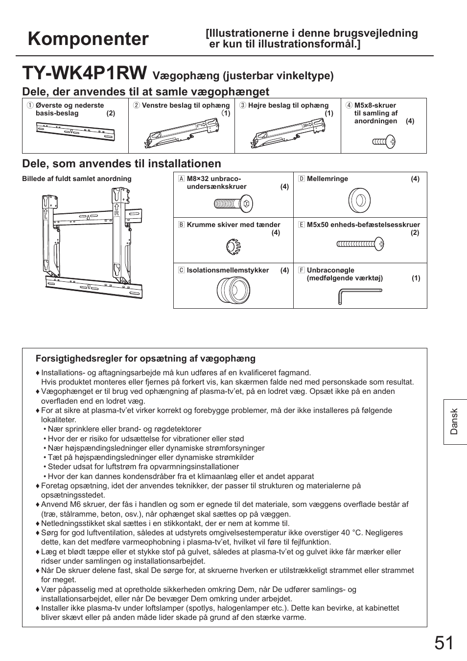 Komponenter, Ty-wk4p1rw, Dele, der anvendes til at samle vægophænget | Dele, som anvendes til installationen, Vægophæng (justerbar vinkeltype) | Panasonic TYWK4P1RW User Manual | Page 51 / 84