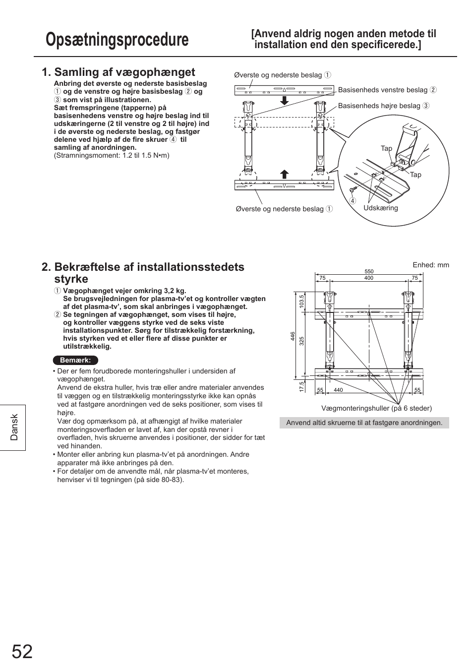 Opsætningsprocedure, Samling af vægophænget, Bekræftelse af installationsstedets styrke | Dansk | Panasonic TYWK4P1RW User Manual | Page 52 / 84