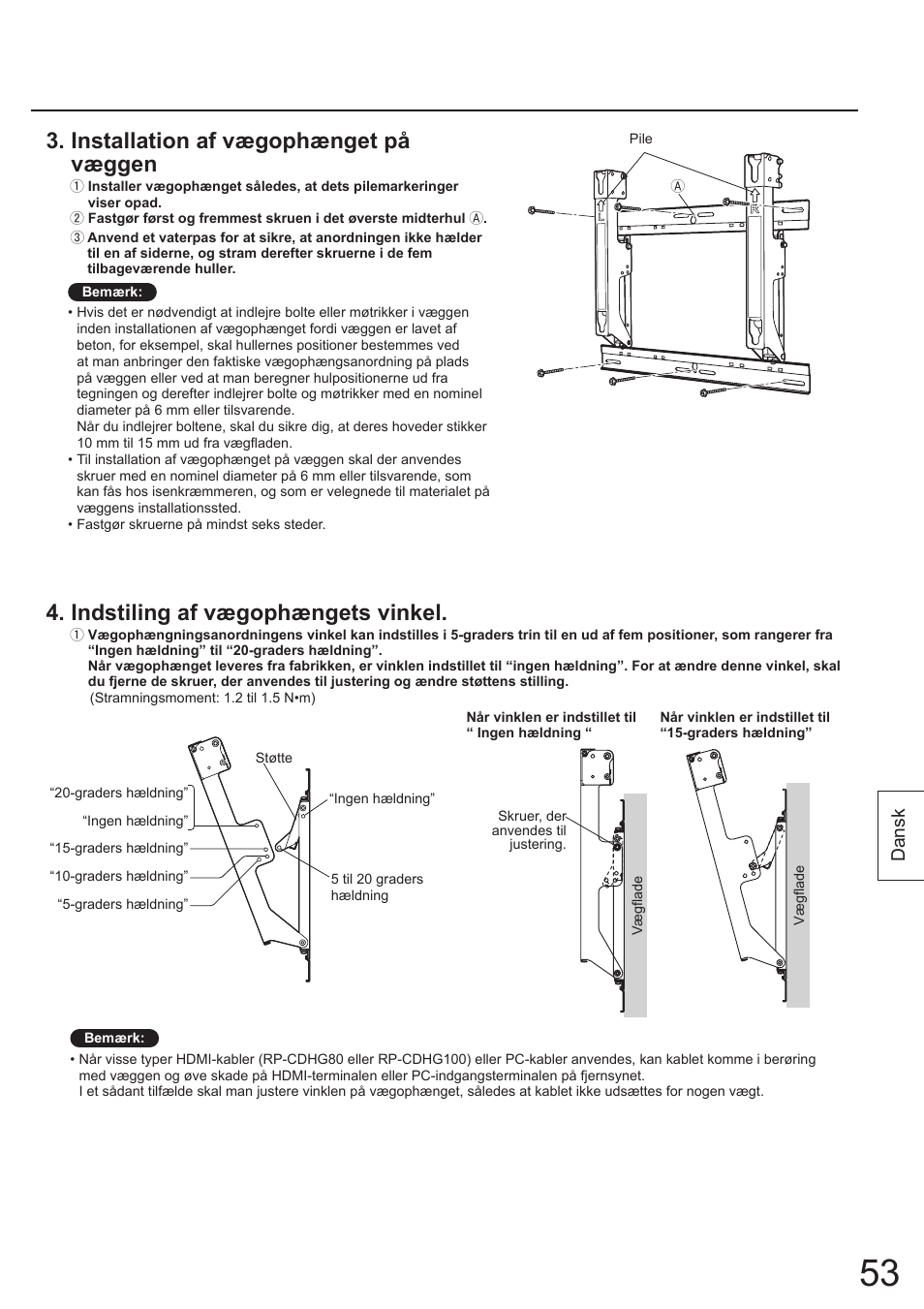 Installation af vægophænget på væggen, Indstiling af vægophængets vinkel, Dansk | Panasonic TYWK4P1RW User Manual | Page 53 / 84