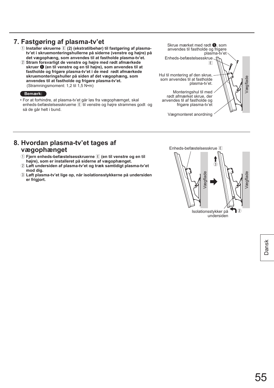 Fastgøring af plasma-tv’et, Hvordan plasma-tv’et tages af vægophænget, Dansk | Panasonic TYWK4P1RW User Manual | Page 55 / 84