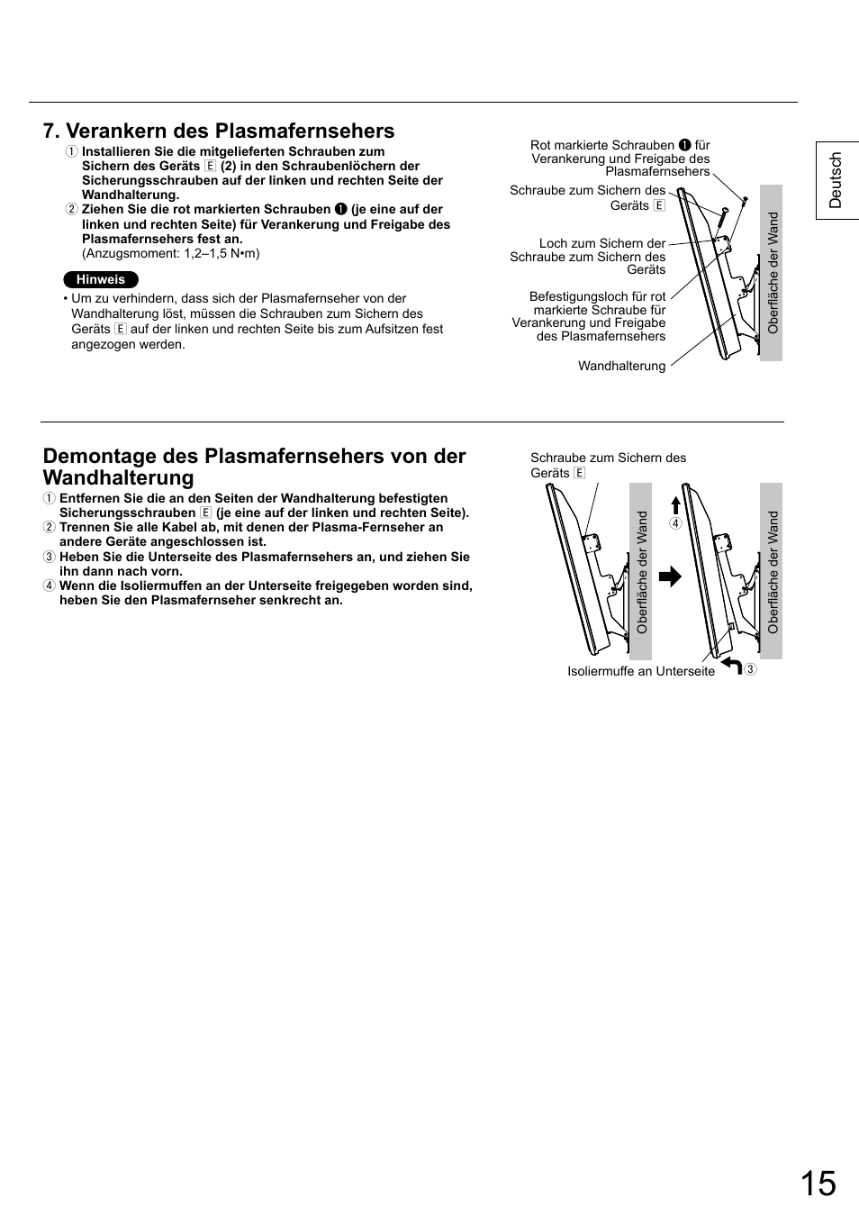 Verankern des plasmafernsehers | Panasonic TYWK5P1RW User Manual | Page 15 / 90