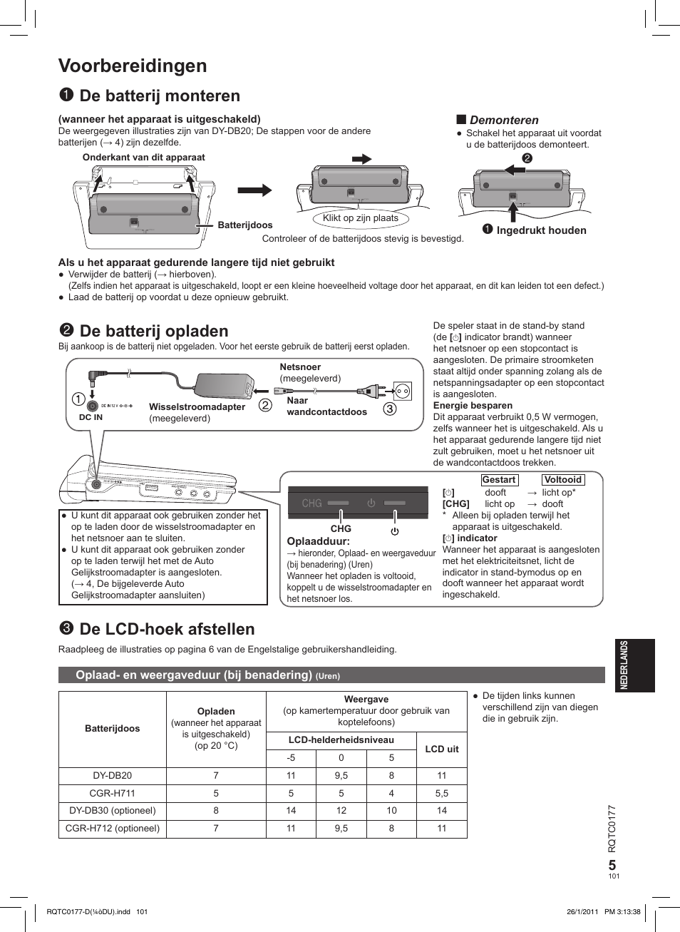 Voorbereidingen, De lcd-hoek afstellen, De batterij monteren | De batterij opladen | Panasonic DVDLS92EG User Manual | Page 101 / 112