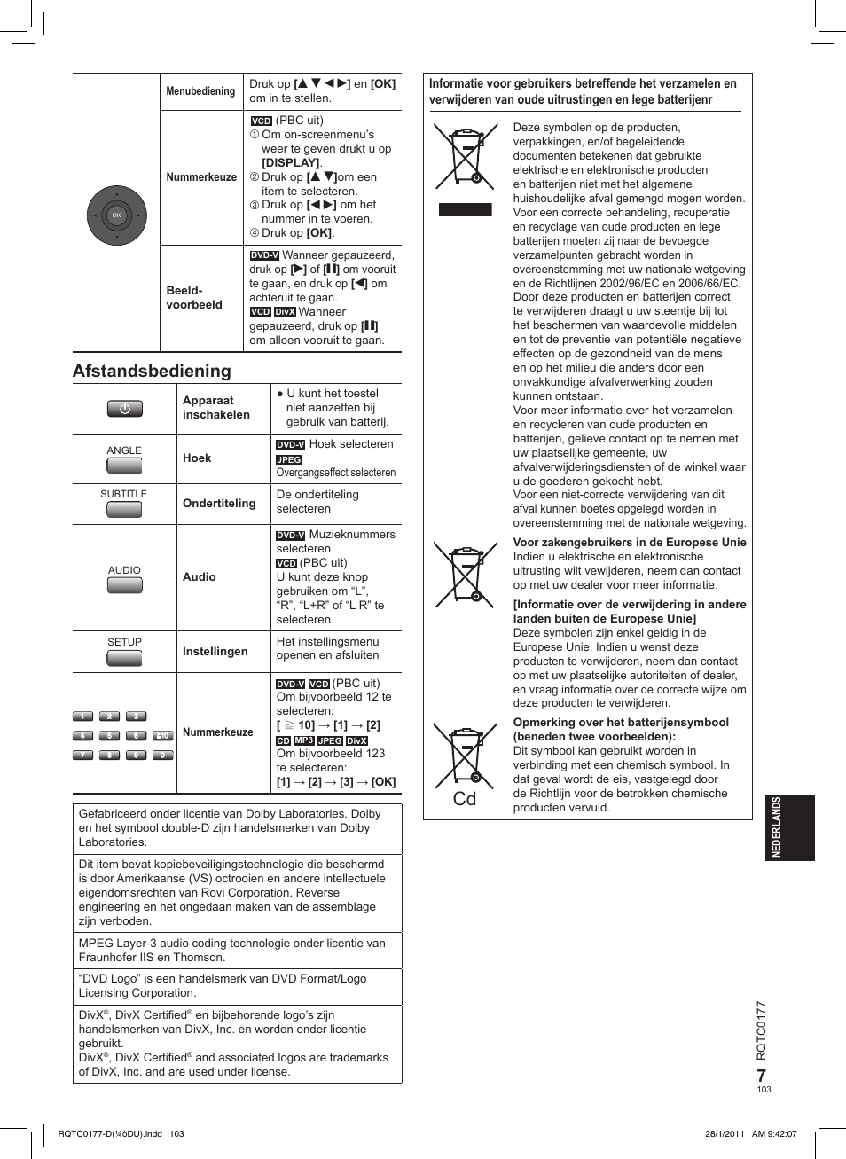 Afstandsbediening | Panasonic DVDLS92EG User Manual | Page 103 / 112