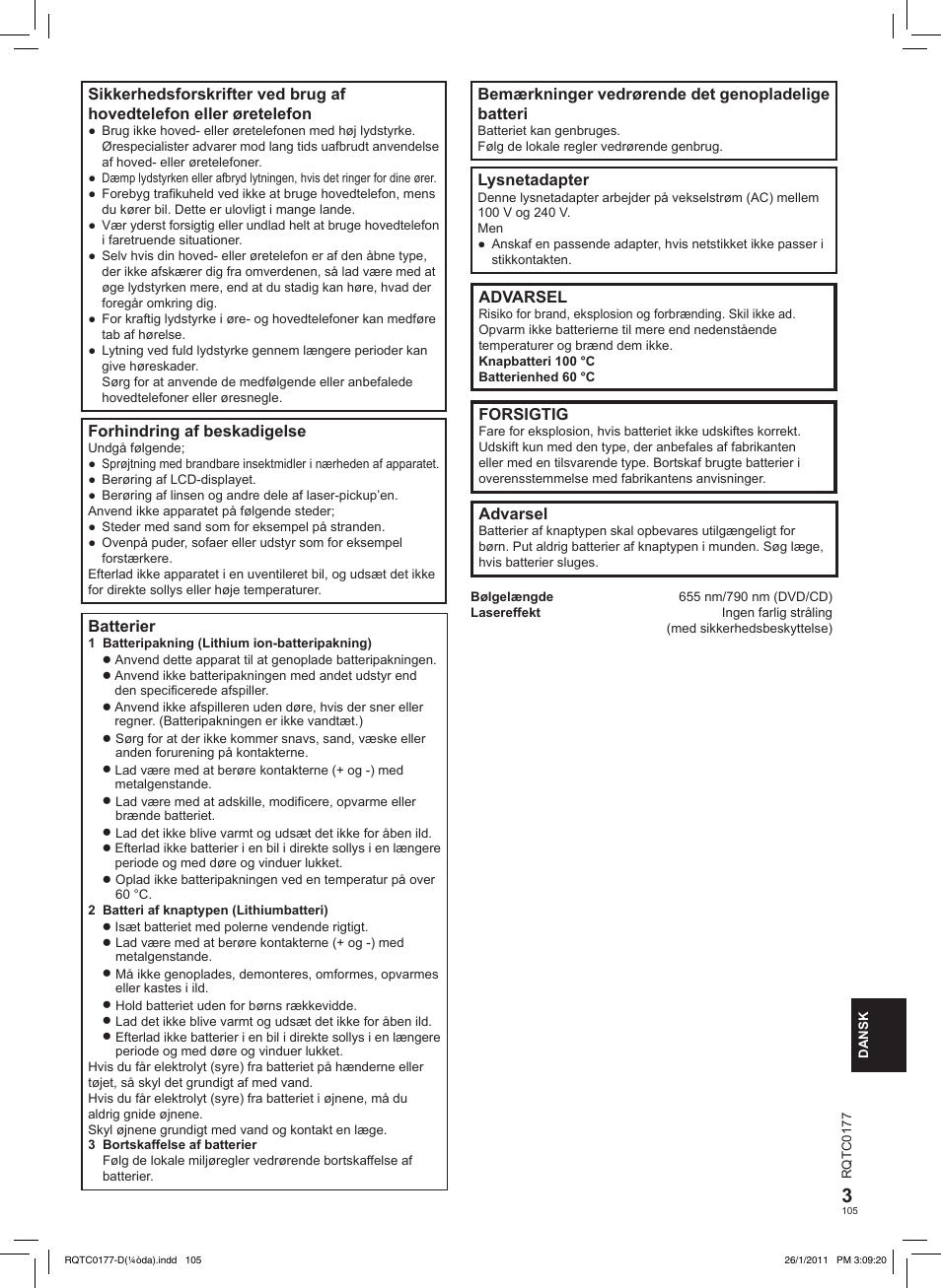 Bemærkninger vedrørende det genopladelige batteri, Lysnetadapter, Advarsel | Forsigtig, Forhindring af beskadigelse, Batterier | Panasonic DVDLS92EG User Manual | Page 105 / 112