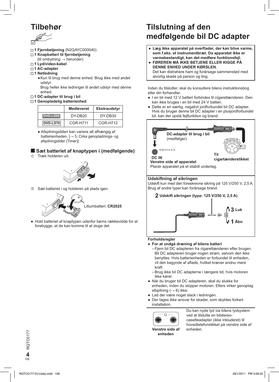 Tilbehør, Tilslutning af den medfølgende bil dc adapter | Panasonic DVDLS92EG User Manual | Page 106 / 112