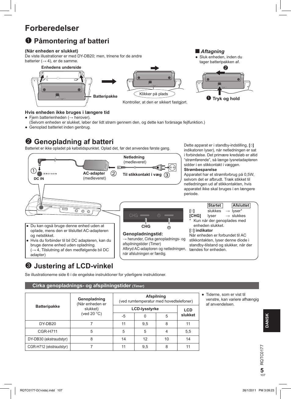 Forberedelser, Justering af lcd-vinkel, Påmontering af batteri | Genopladning af batteri | Panasonic DVDLS92EG User Manual | Page 107 / 112