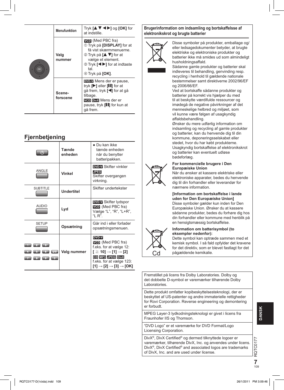 Fjernbetjening | Panasonic DVDLS92EG User Manual | Page 109 / 112