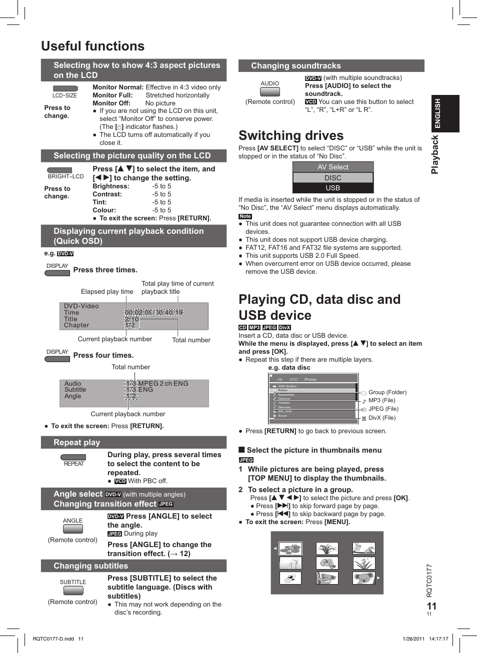 Useful functions, Playing cd, data disc and usb device, Switching drives | Playback | Panasonic DVDLS92EG User Manual | Page 11 / 112
