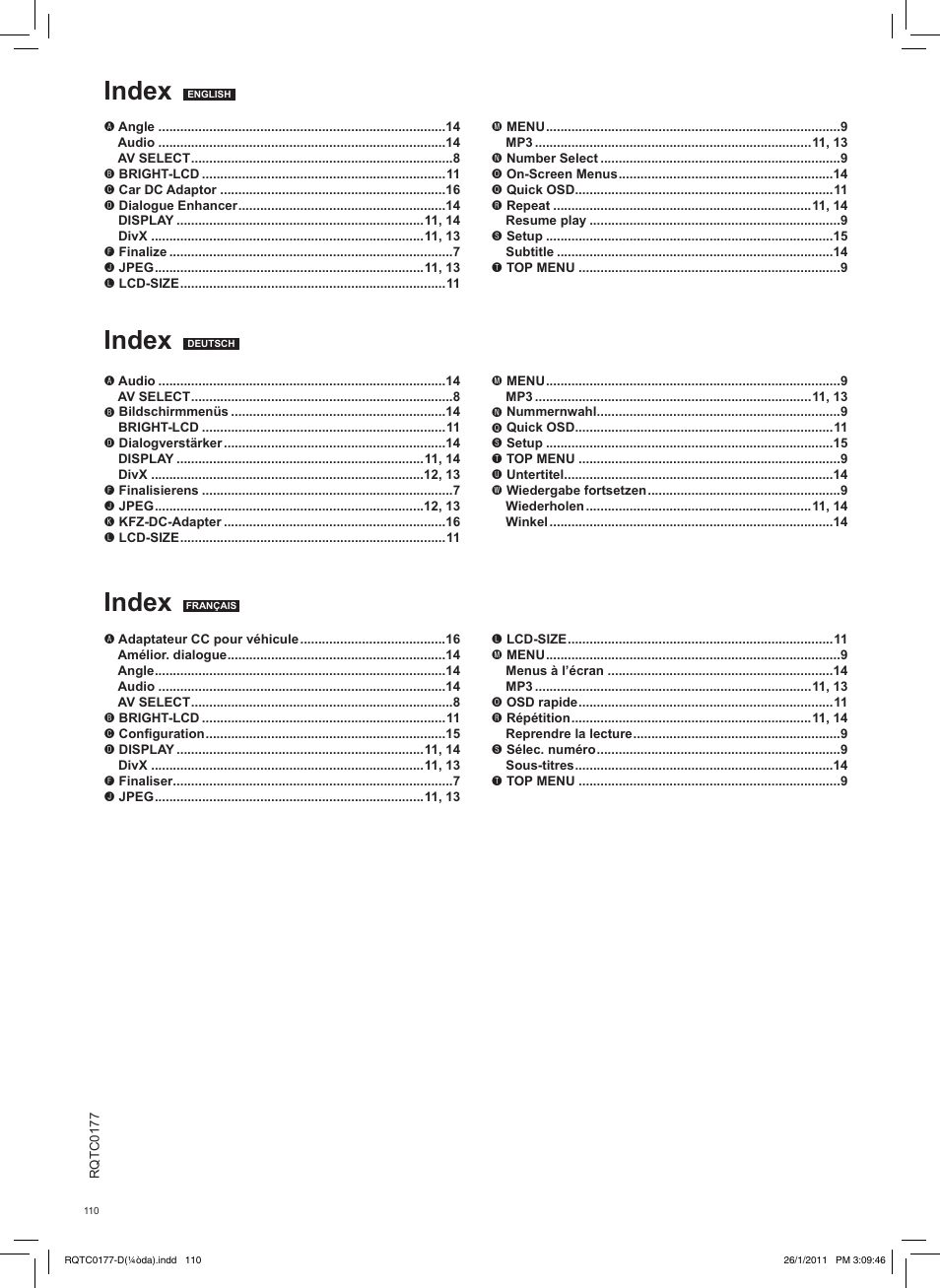 Index | Panasonic DVDLS92EG User Manual | Page 110 / 112
