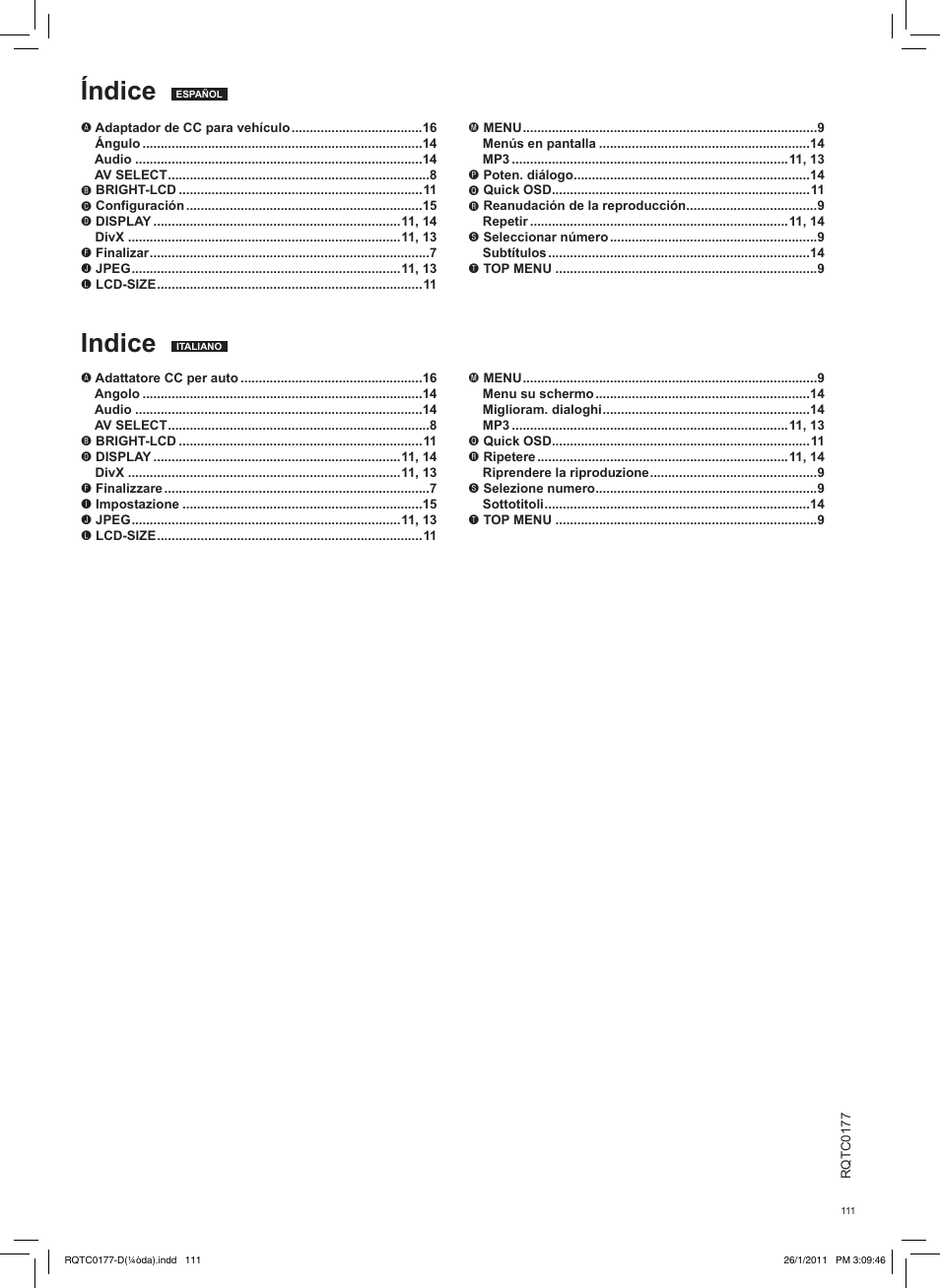 Índice, Indice | Panasonic DVDLS92EG User Manual | Page 111 / 112