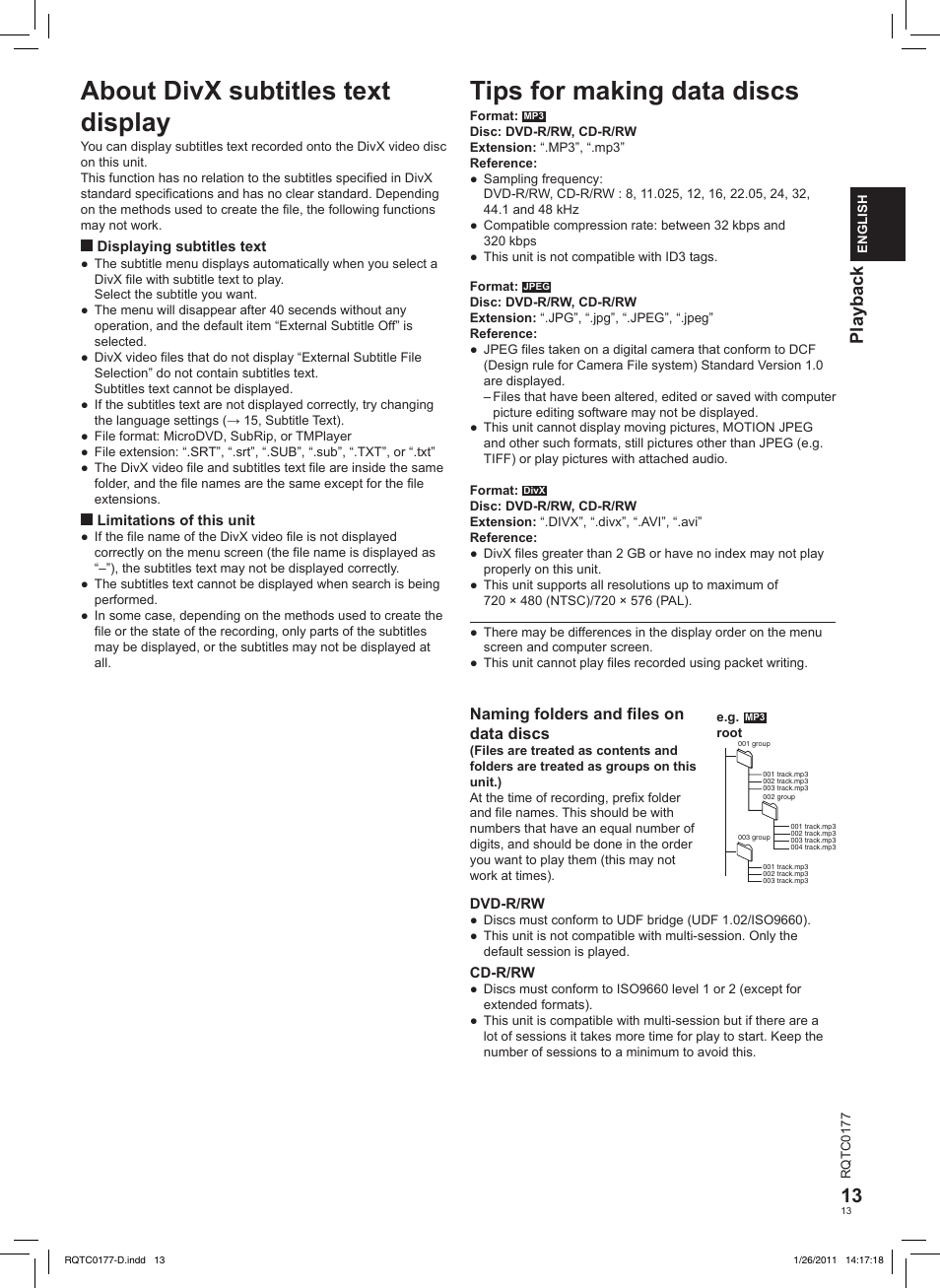 Tips for making data discs, About divx subtitles text display, Playback | Panasonic DVDLS92EG User Manual | Page 13 / 112