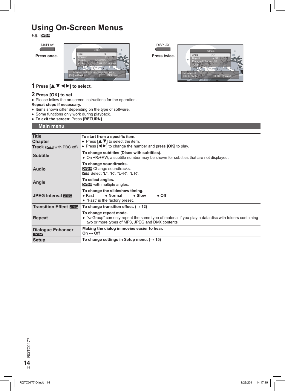 Using on-screen menus, Main menu | Panasonic DVDLS92EG User Manual | Page 14 / 112