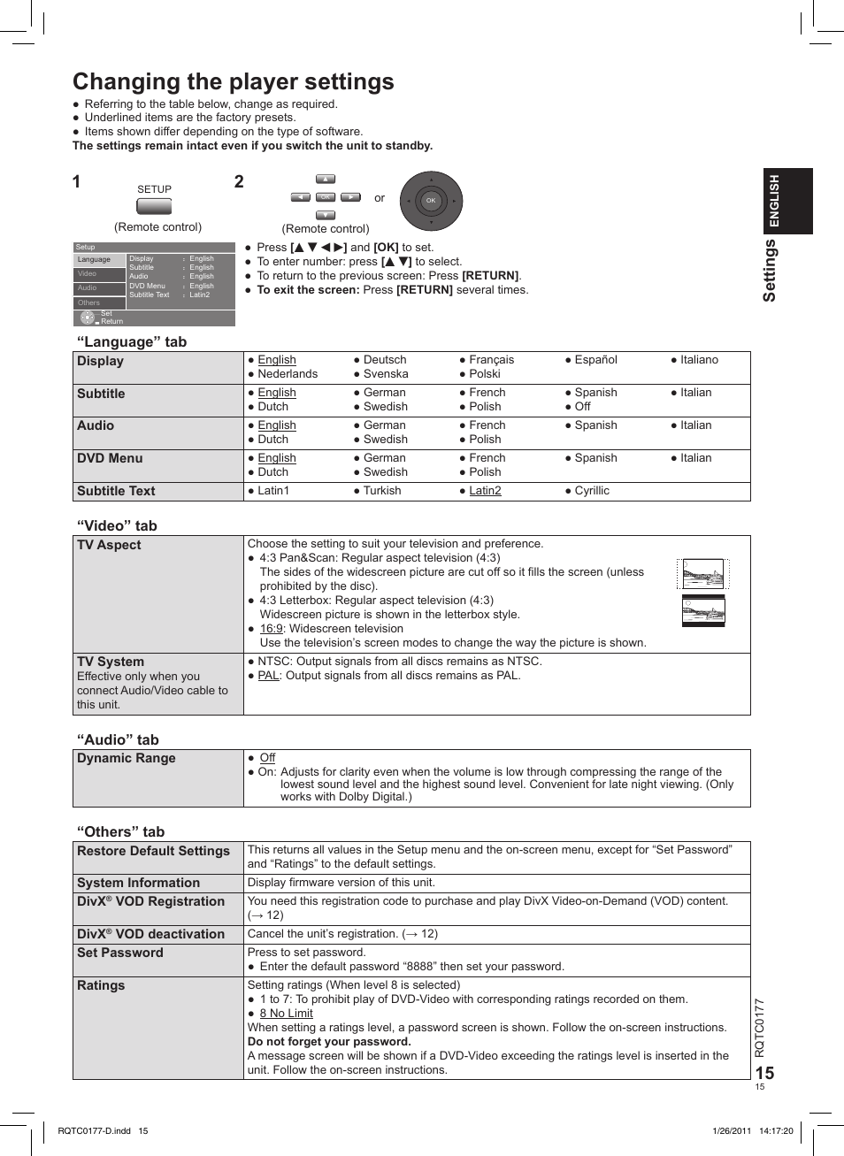 Changing the player settings, Settings, Language” tab | Video” tab, Audio” tab, Others” tab | Panasonic DVDLS92EG User Manual | Page 15 / 112