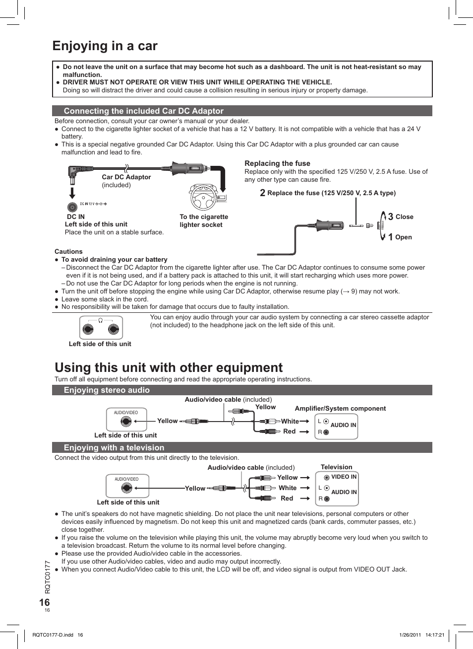 Enjoying in a car, Using this unit with other equipment | Panasonic DVDLS92EG User Manual | Page 16 / 112