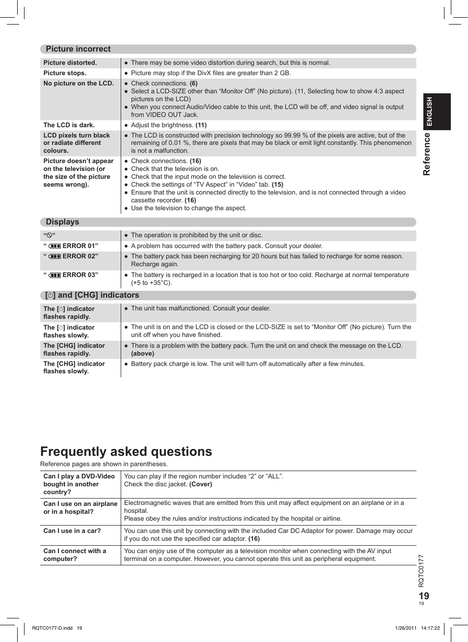 Frequently asked questions, Reference | Panasonic DVDLS92EG User Manual | Page 19 / 112