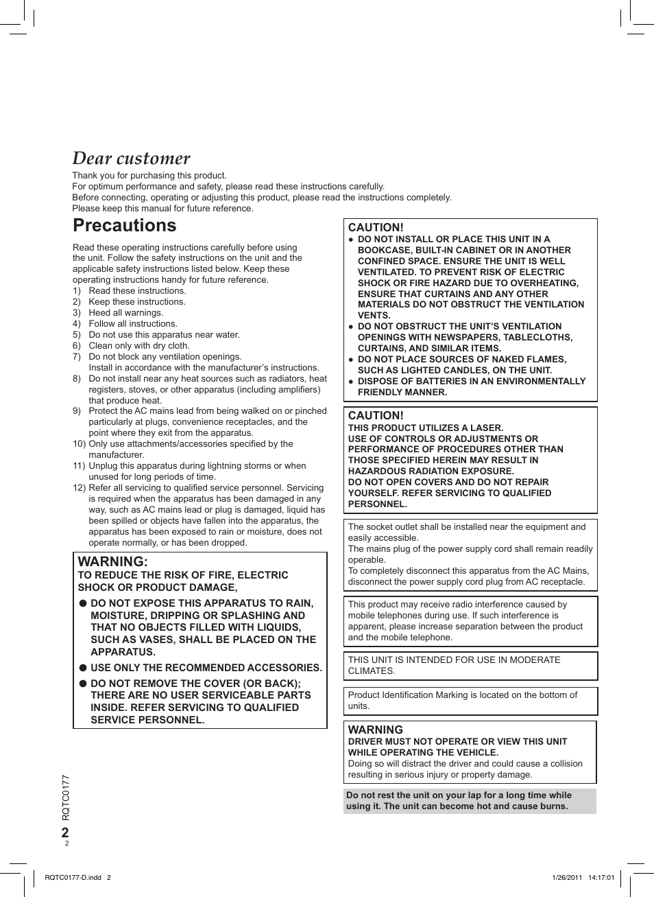Dear customer, Precautions, Warning | Panasonic DVDLS92EG User Manual | Page 2 / 112