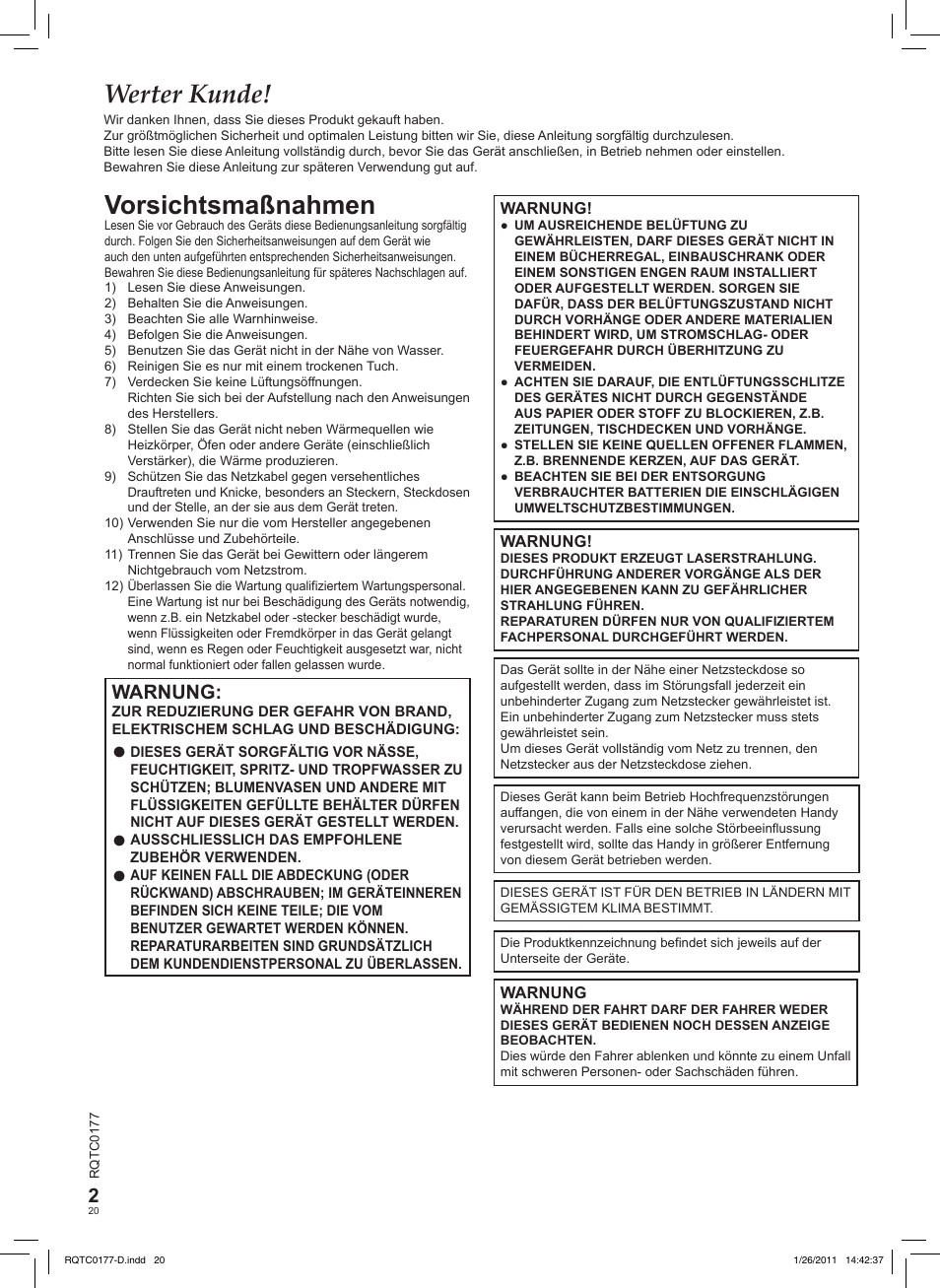 Werter kunde, Vorsichtsmaßnahmen, Warnung | Panasonic DVDLS92EG User Manual | Page 20 / 112