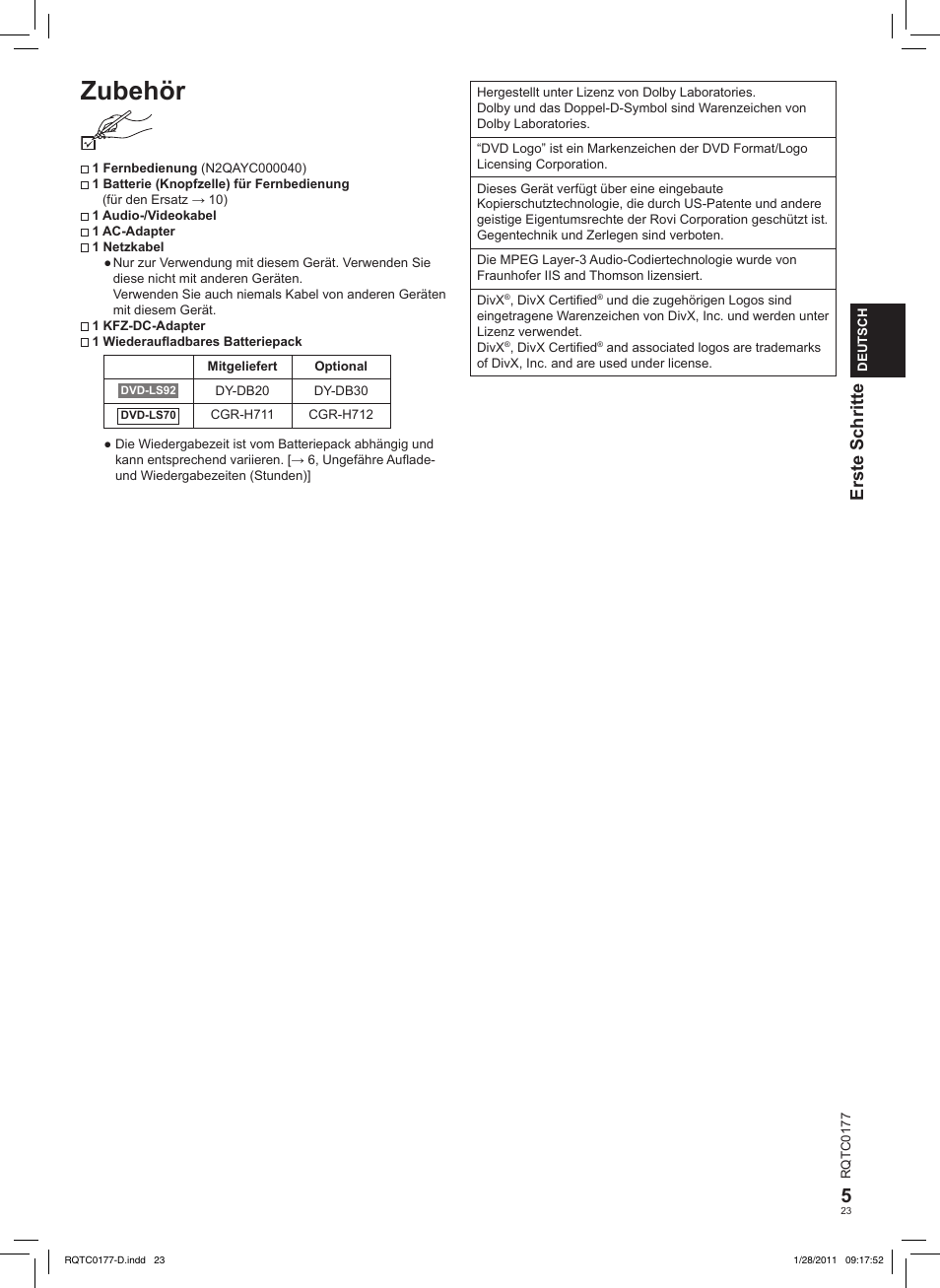Zubehör, Erste schritte | Panasonic DVDLS92EG User Manual | Page 23 / 112