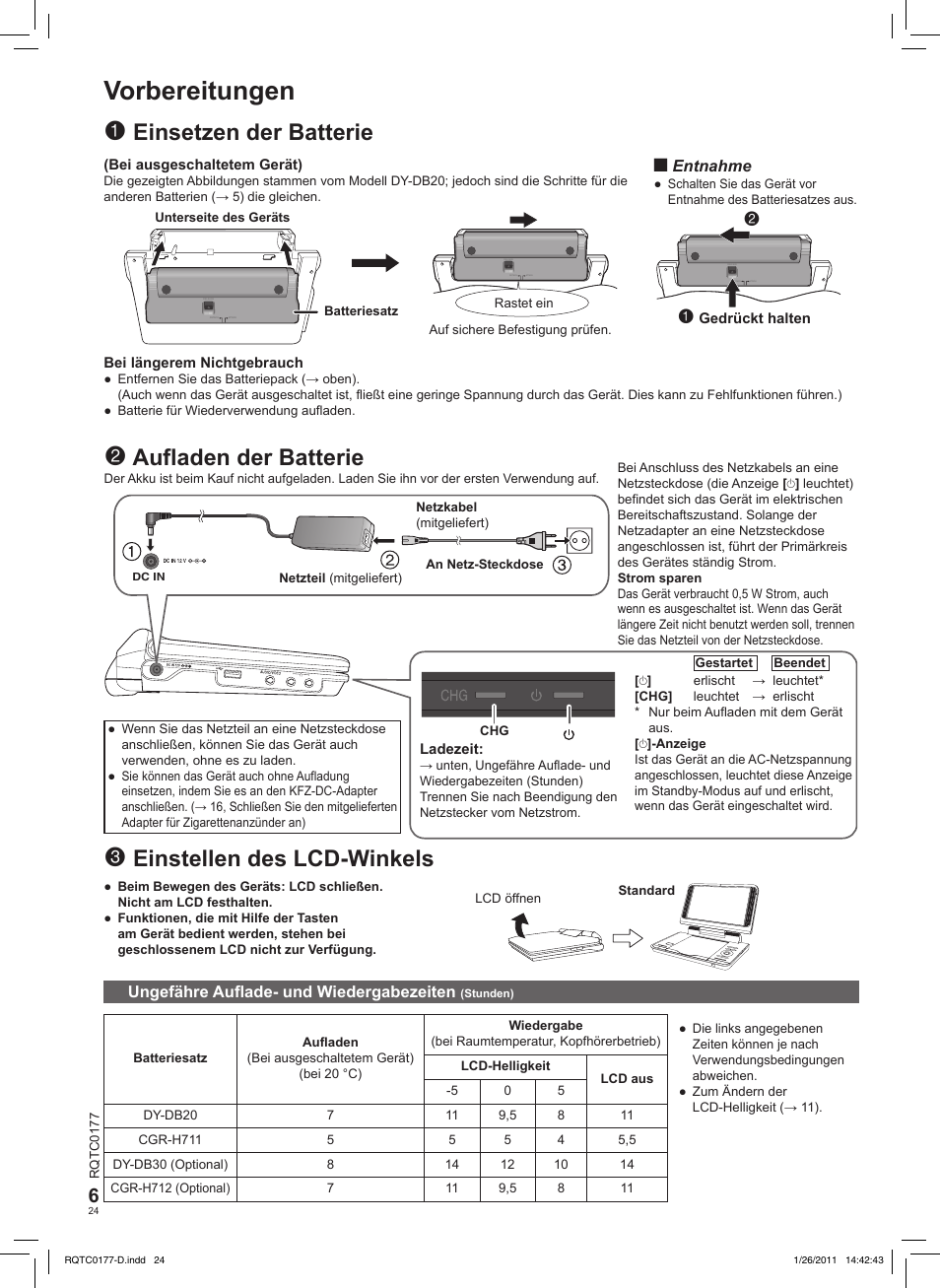 Vorbereitungen, Einstellen des lcd-winkels, Einsetzen der batterie | Aufladen der batterie | Panasonic DVDLS92EG User Manual | Page 24 / 112