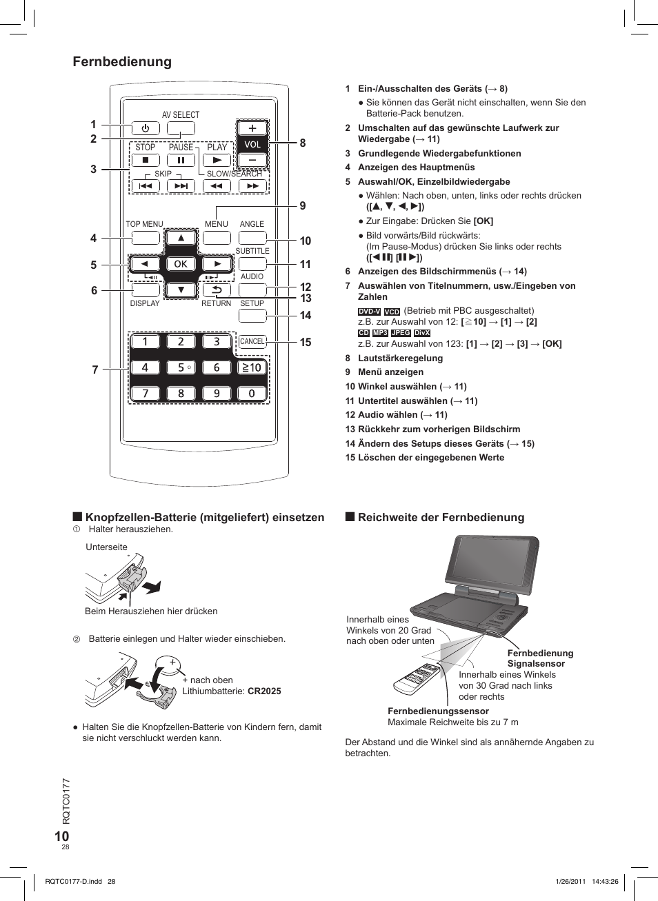 Fernbedienung | Panasonic DVDLS92EG User Manual | Page 28 / 112