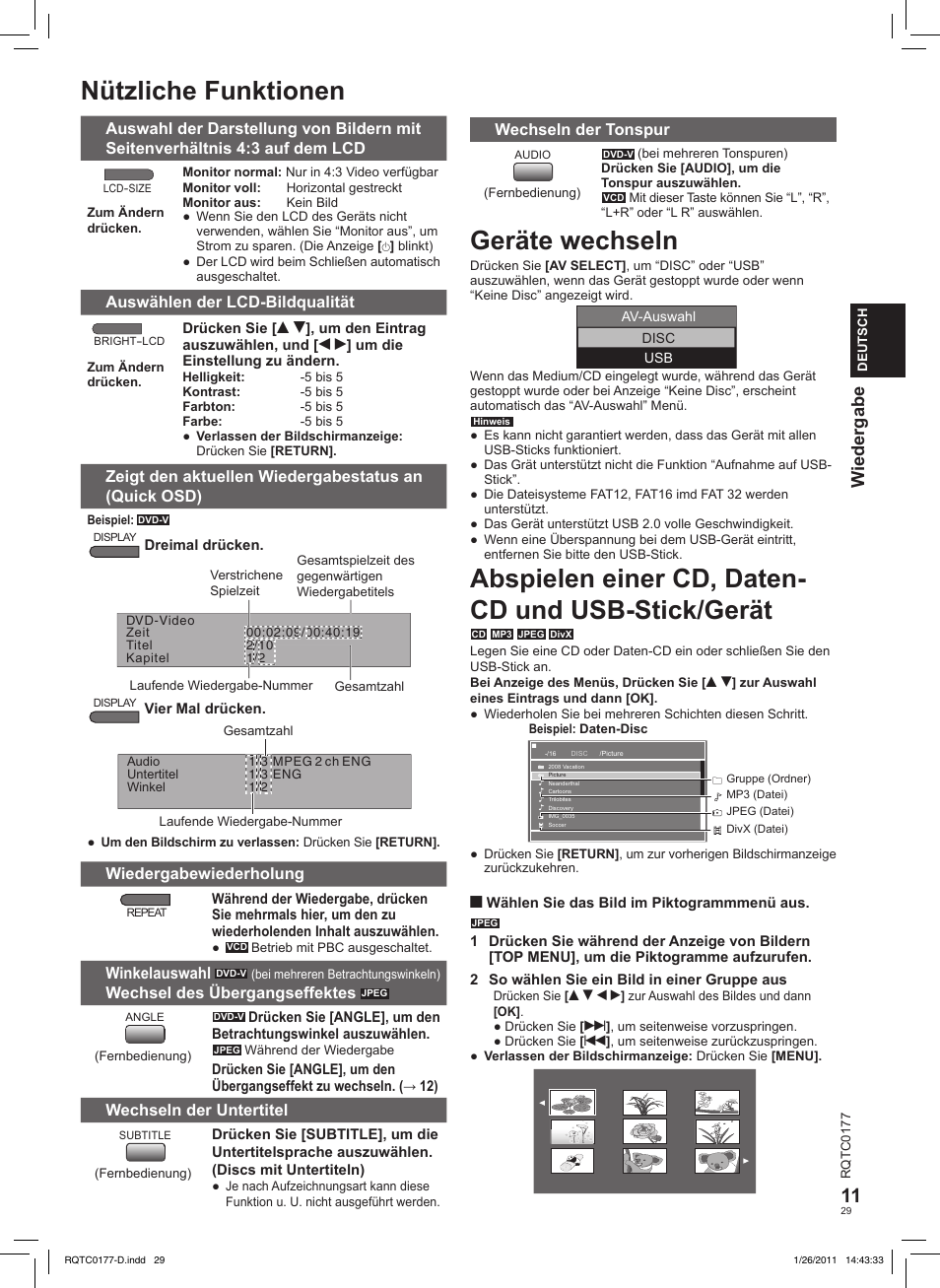 Nützliche funktionen, Abspielen einer cd, daten- cd und usb-stick/gerät, Geräte wechseln | Wiedergabe | Panasonic DVDLS92EG User Manual | Page 29 / 112