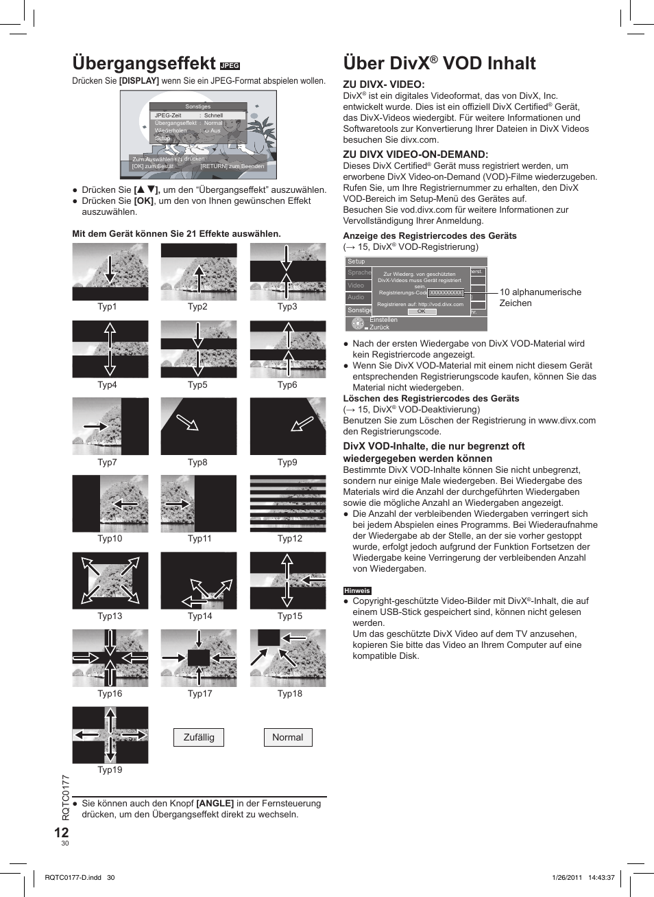 Übergangseffekt, Über divx, Vod inhalt | Panasonic DVDLS92EG User Manual | Page 30 / 112