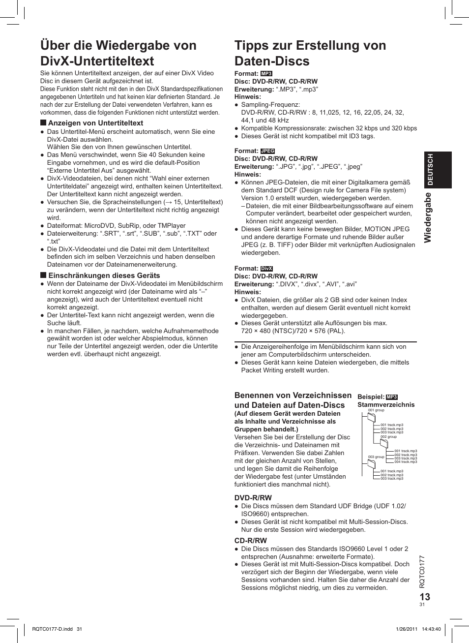 Tipps zur erstellung von daten-discs, Über die wiedergabe von divx-untertiteltext, Wiedergabe | Panasonic DVDLS92EG User Manual | Page 31 / 112