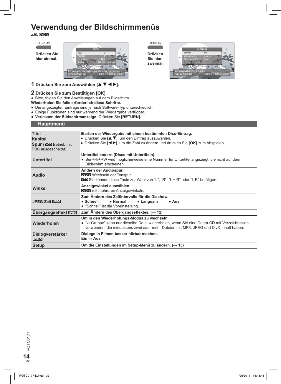 Verwendung der bildschirmmenüs, Hauptmenü | Panasonic DVDLS92EG User Manual | Page 32 / 112