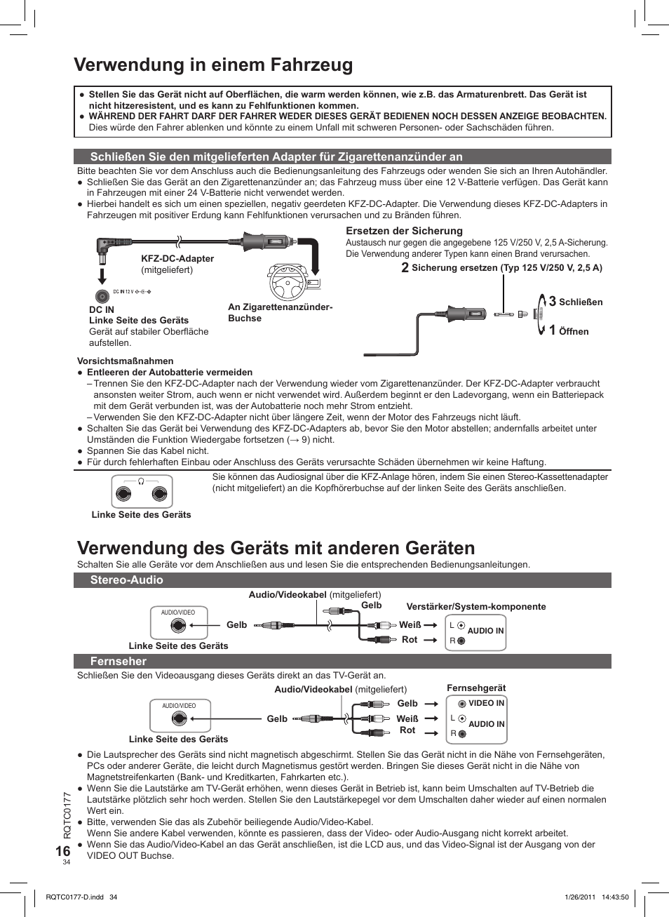 Verwendung in einem fahrzeug, Verwendung des geräts mit anderen geräten | Panasonic DVDLS92EG User Manual | Page 34 / 112