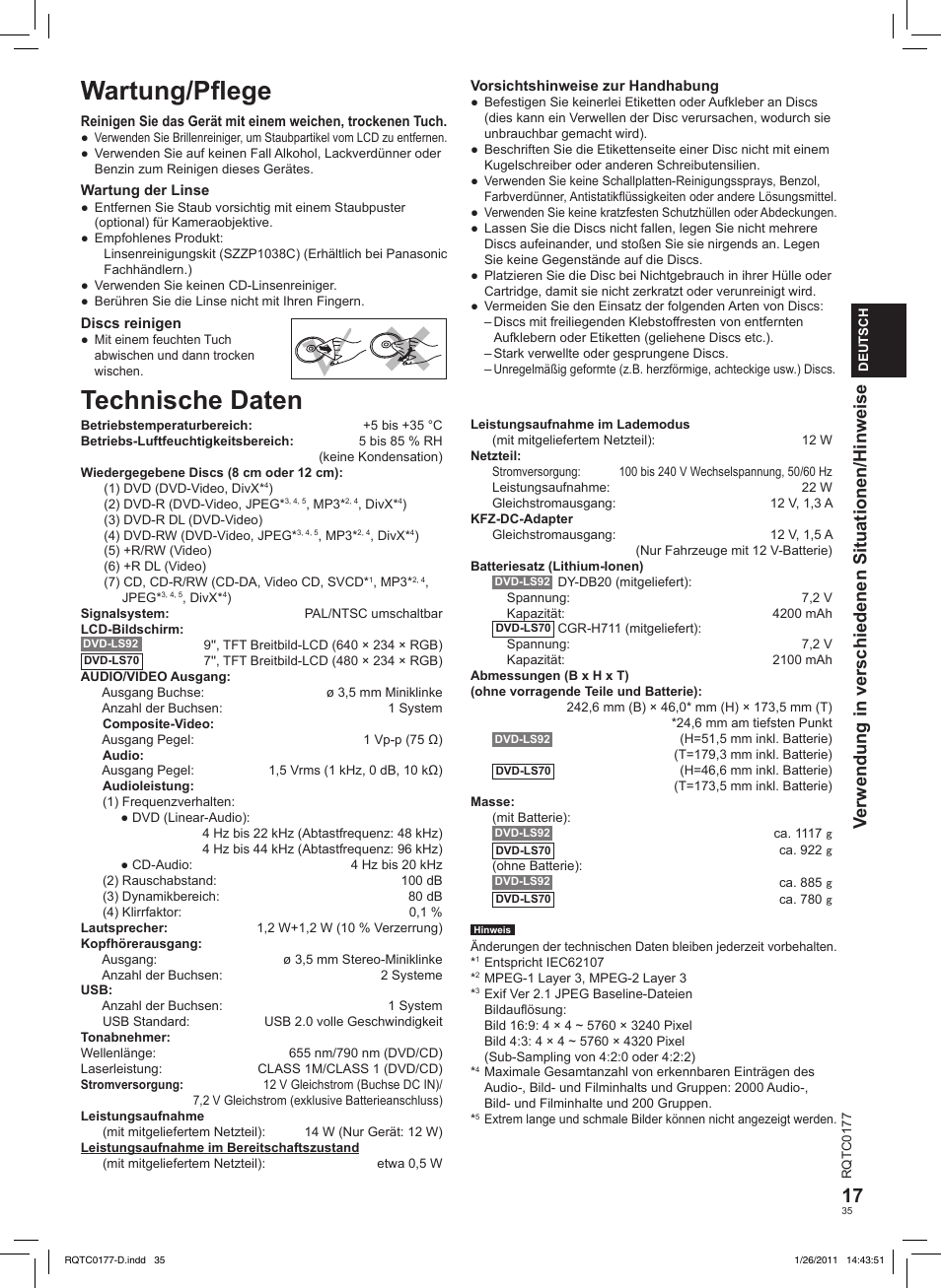 Wartung/pﬂege, Technische daten, Verwendung in verschiedenen situationen/hinweise | Panasonic DVDLS92EG User Manual | Page 35 / 112