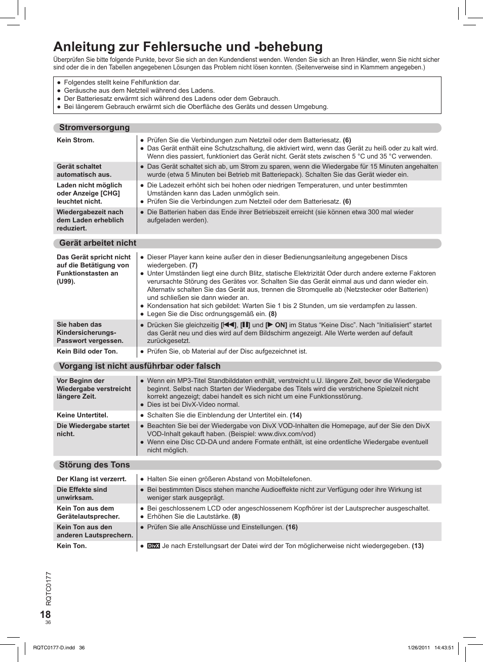 Anleitung zur fehlersuche und -behebung | Panasonic DVDLS92EG User Manual | Page 36 / 112