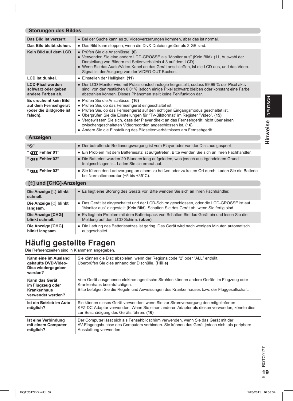 Häuﬁg gestellte fragen, Hinweise | Panasonic DVDLS92EG User Manual | Page 37 / 112