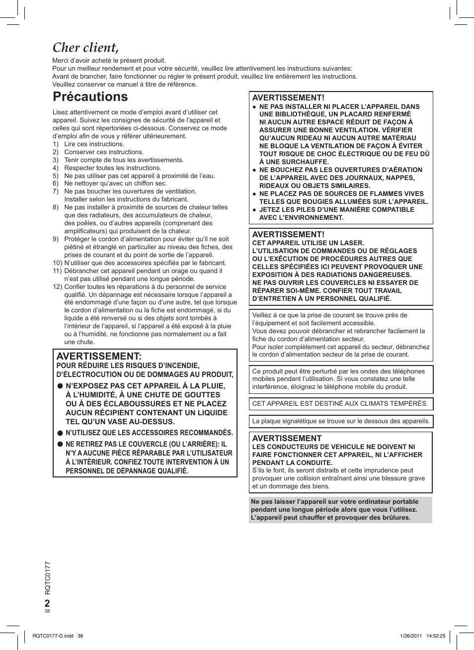 Cher client, Précautions, Avertissement | Panasonic DVDLS92EG User Manual | Page 38 / 112