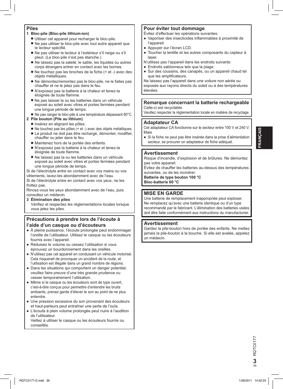 Pour éviter tout dommage, Remarque concernant la batterie rechargeable, Adaptateur ca | Avertissement, Mise en garde, Piles | Panasonic DVDLS92EG User Manual | Page 39 / 112