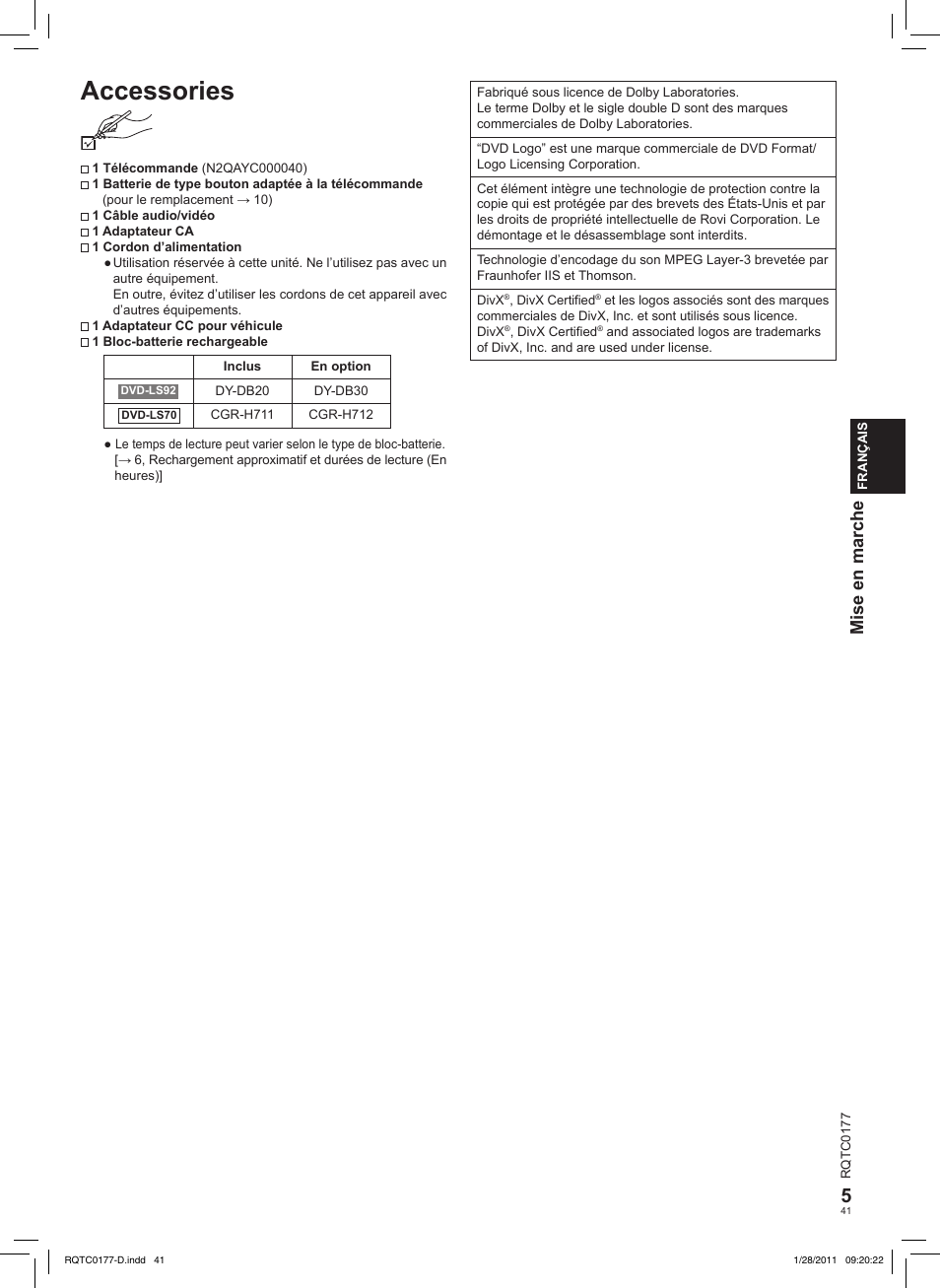 Accessories, Mise en marche | Panasonic DVDLS92EG User Manual | Page 41 / 112