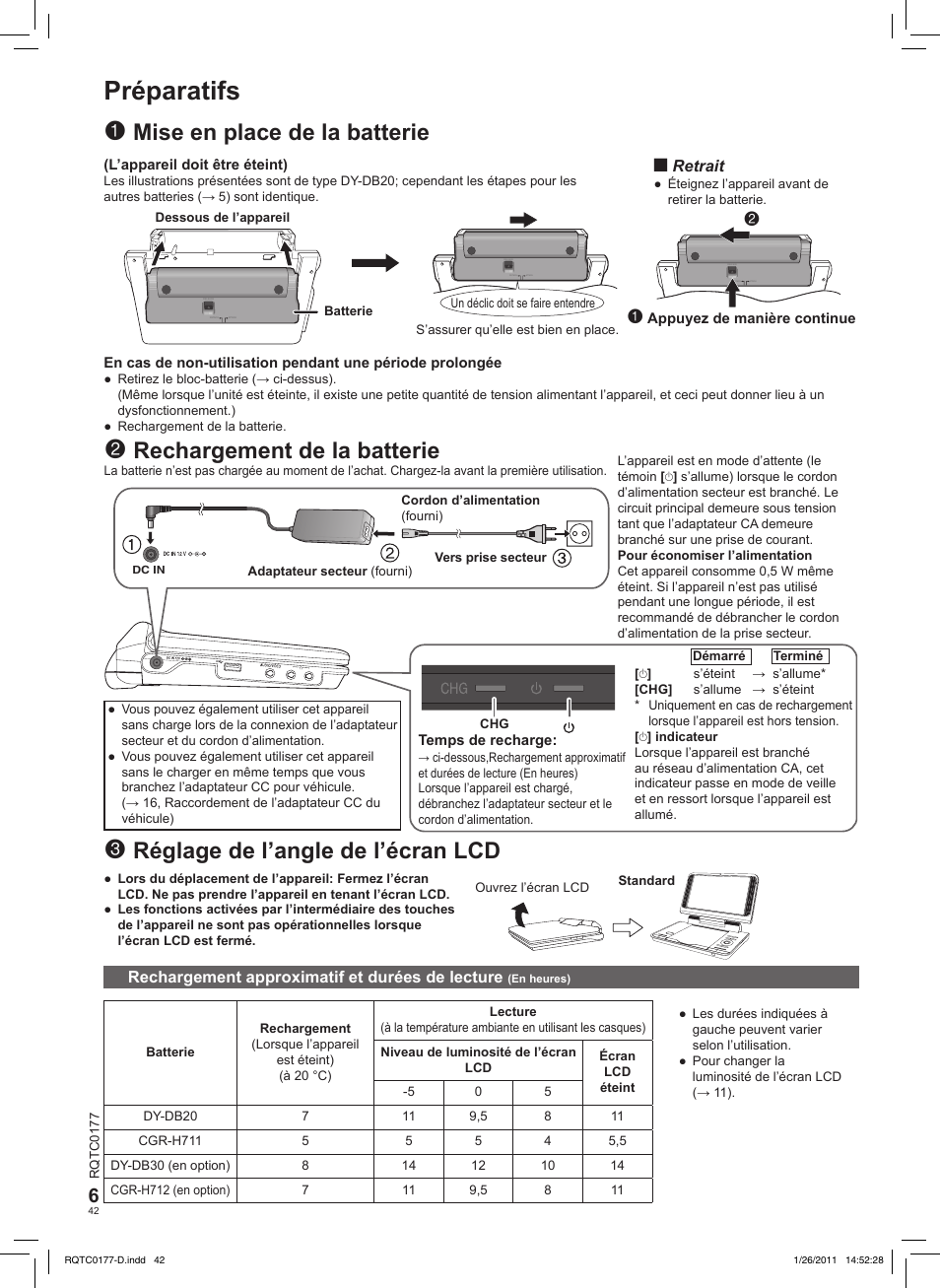 Préparatifs, Réglage de l’angle de l’écran lcd, Mise en place de la batterie | Rechargement de la batterie | Panasonic DVDLS92EG User Manual | Page 42 / 112