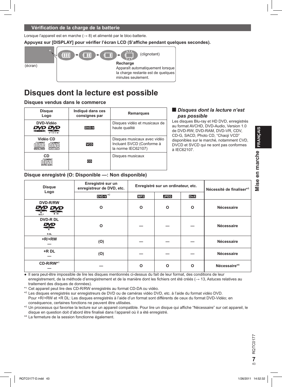Disques dont la lecture est possible, Mise en marche | Panasonic DVDLS92EG User Manual | Page 43 / 112