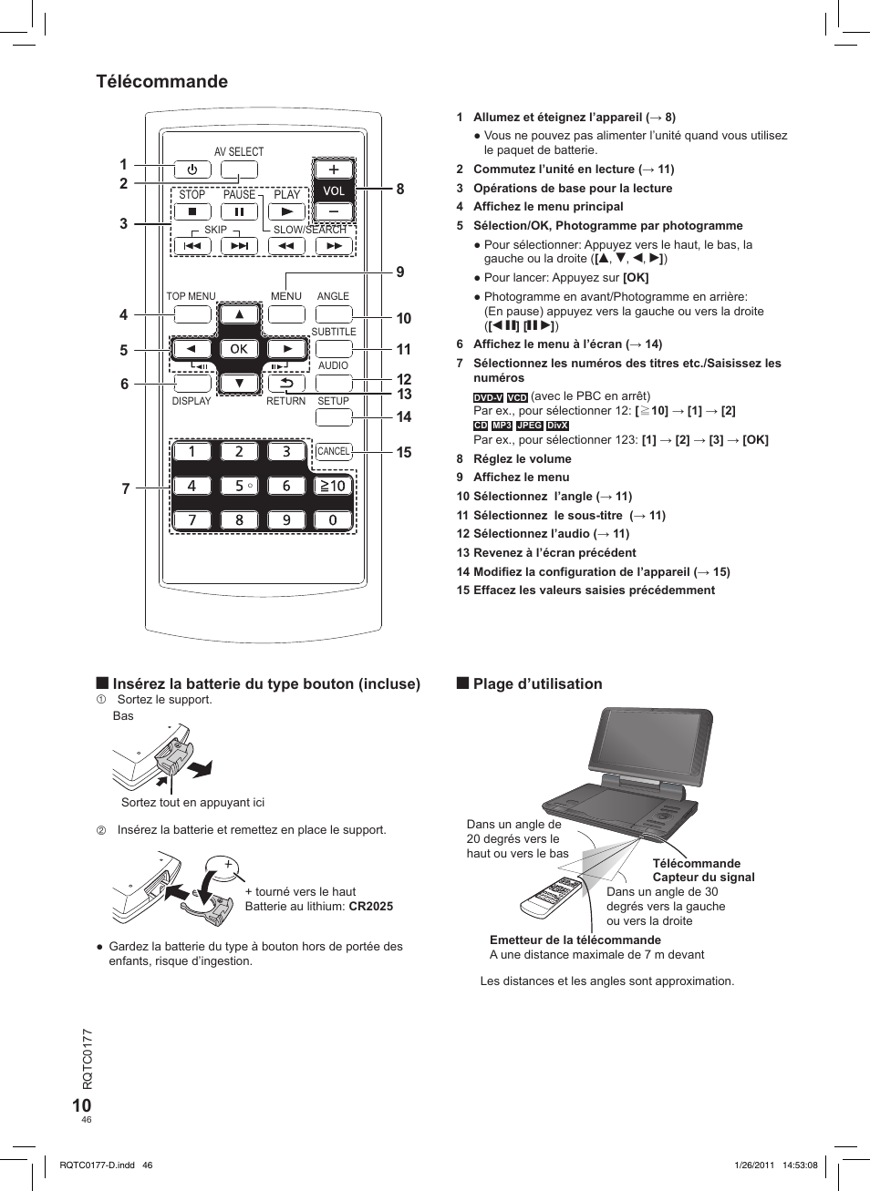 Télécommande | Panasonic DVDLS92EG User Manual | Page 46 / 112