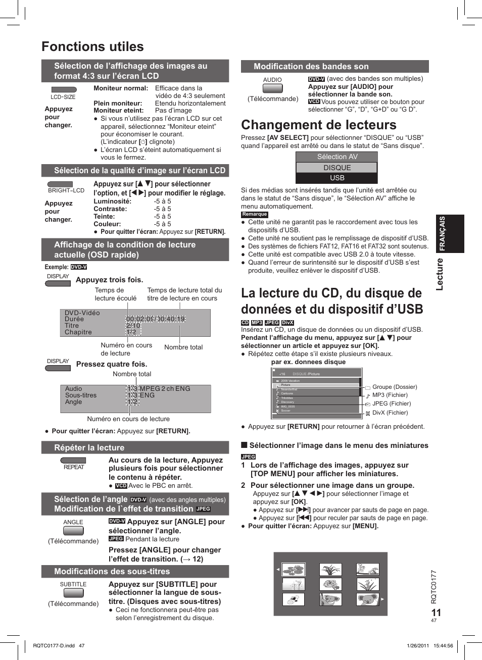 Fonctions utiles, Changement de lecteurs, Lecture | Panasonic DVDLS92EG User Manual | Page 47 / 112