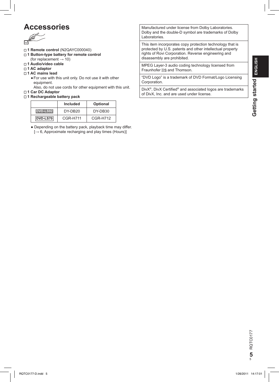 Accessories, Getting started | Panasonic DVDLS92EG User Manual | Page 5 / 112