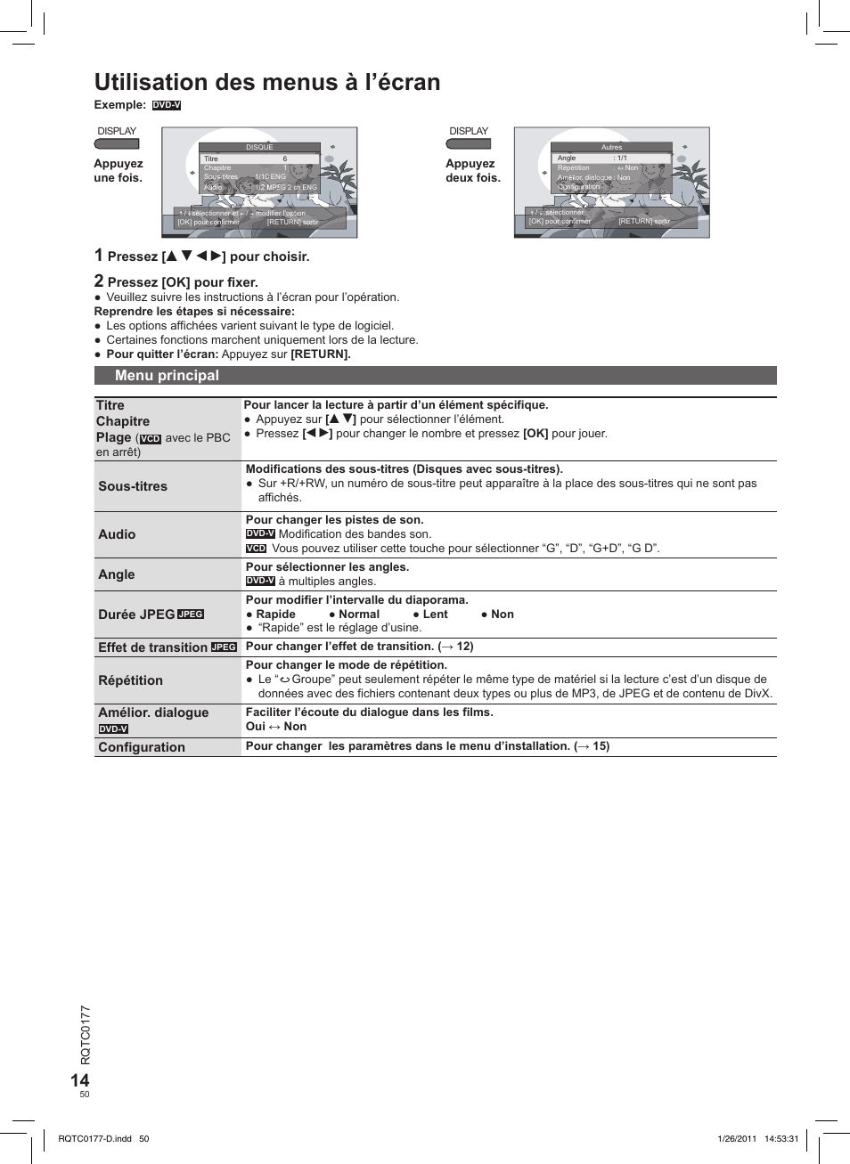 Utilisation des menus à l’écran, Menu principal | Panasonic DVDLS92EG User Manual | Page 50 / 112