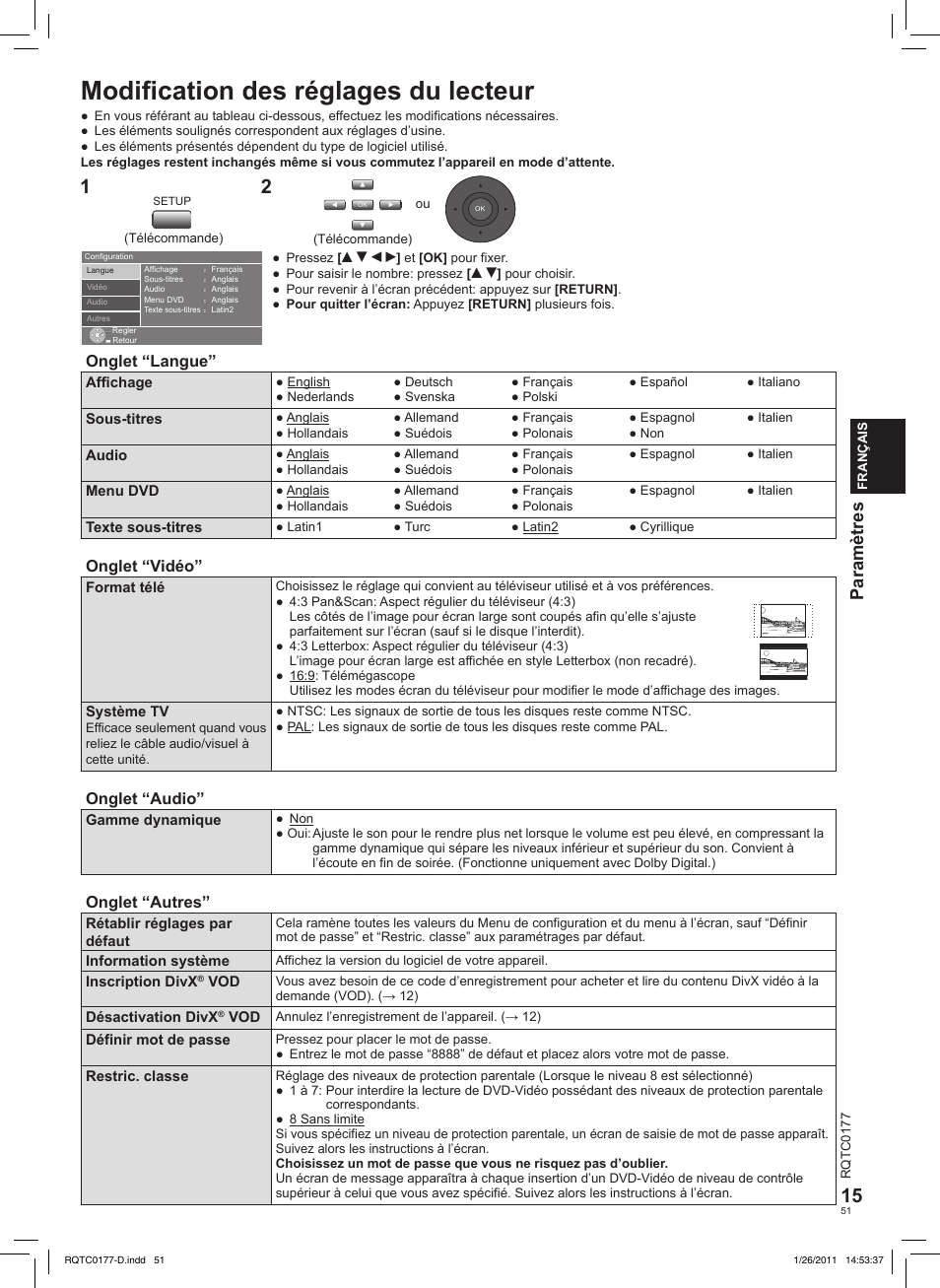 Modiﬁcation des réglages du lecteur, Paramètres | Panasonic DVDLS92EG User Manual | Page 51 / 112