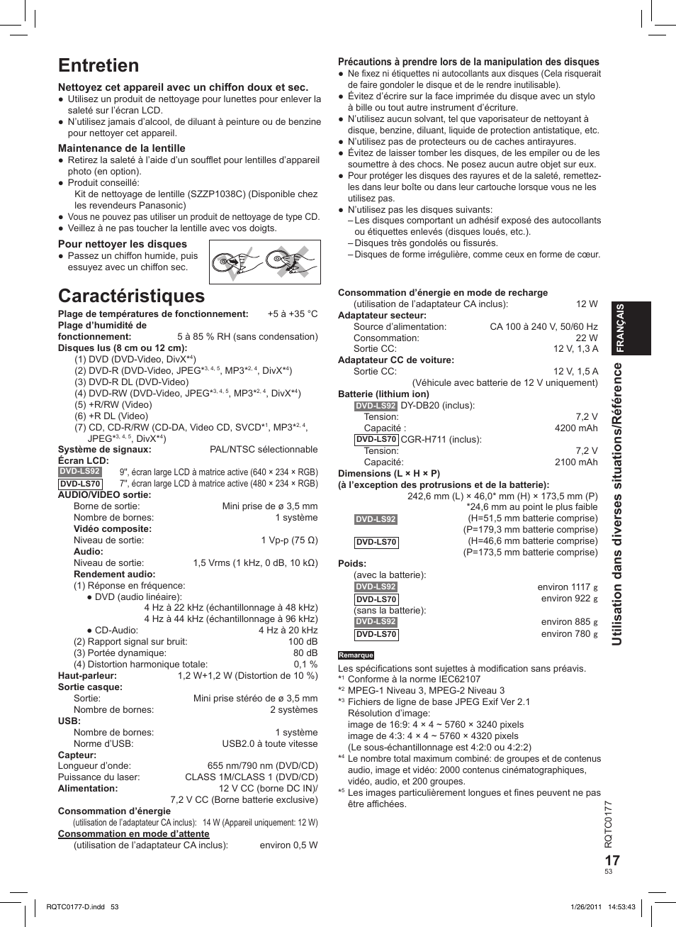 Entretien, Caractéristiques, Utilisation dans diverses situations/référence | Panasonic DVDLS92EG User Manual | Page 53 / 112