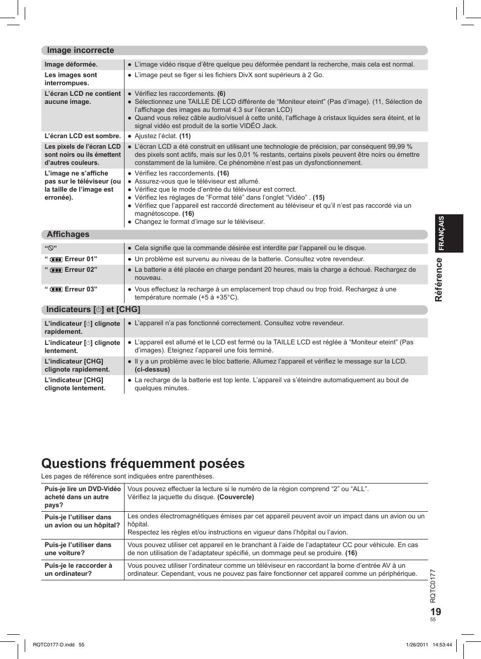 Questions fréquemment posées, Référence | Panasonic DVDLS92EG User Manual | Page 55 / 112