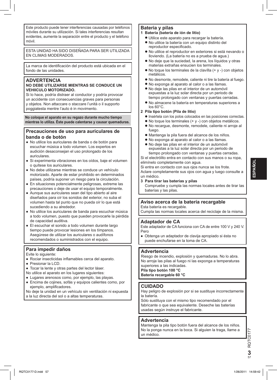 Bateria y pilas, Aviso acerca de la batería recargable, Adaptador de ca | Advertencia, Cuidado, Para impedir daños | Panasonic DVDLS92EG User Manual | Page 57 / 112