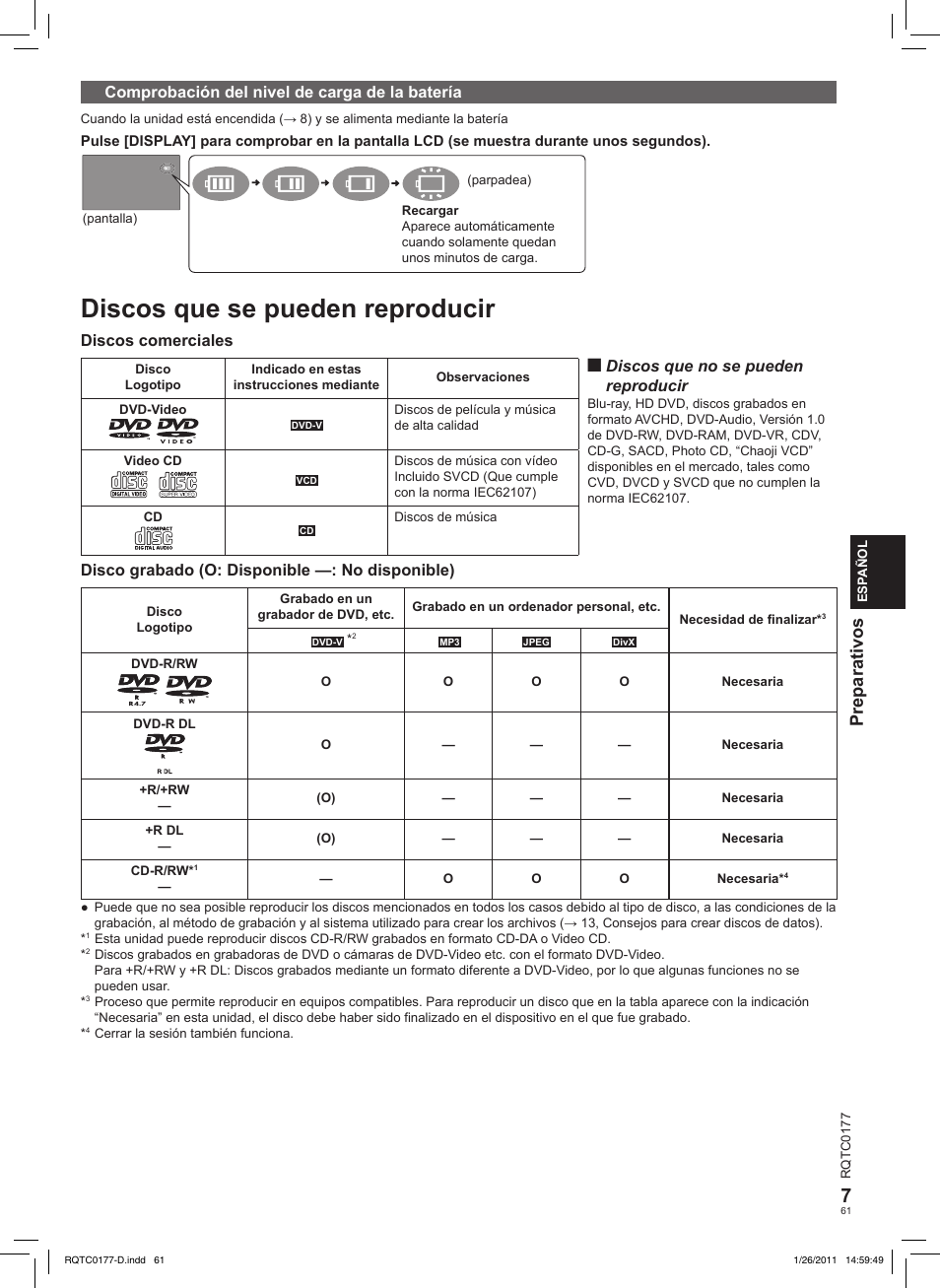 Discos que se pueden reproducir, Preparativos | Panasonic DVDLS92EG User Manual | Page 61 / 112