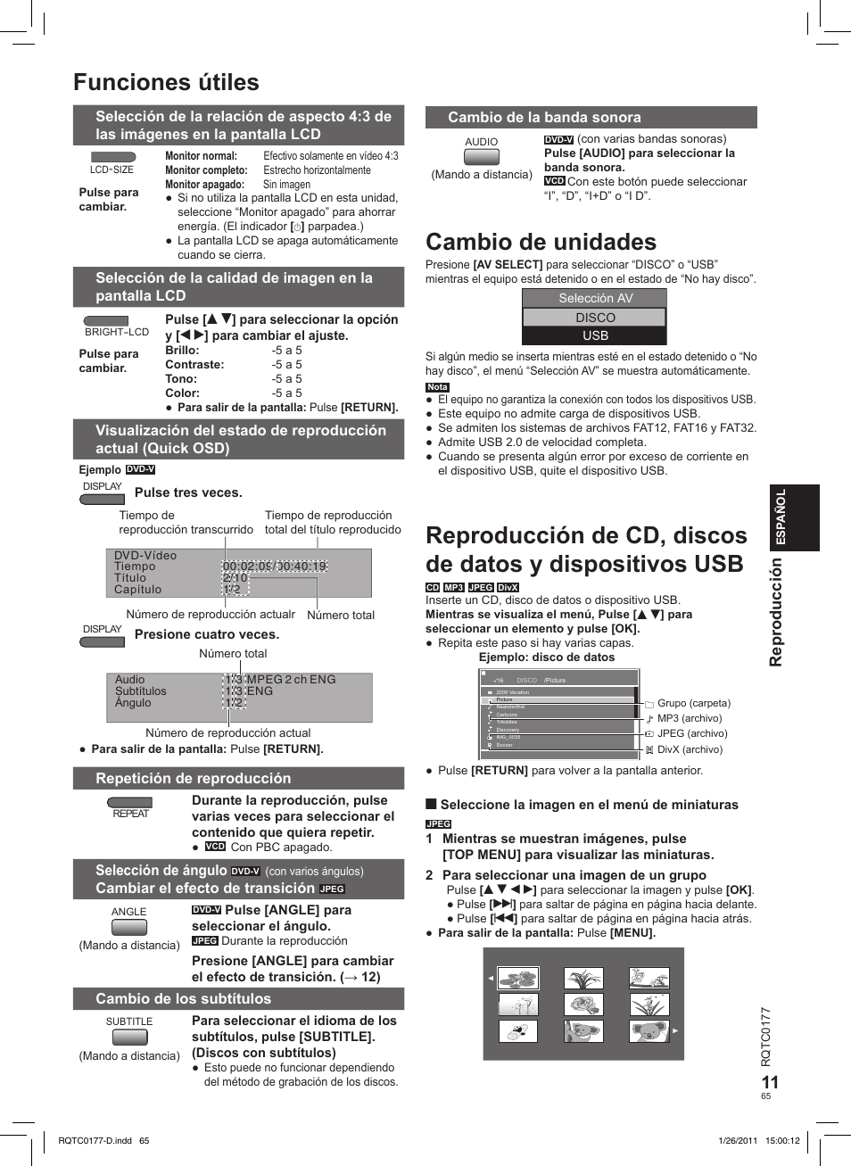 Funciones útiles, Cambio de unidades, Reproducción | Panasonic DVDLS92EG User Manual | Page 65 / 112