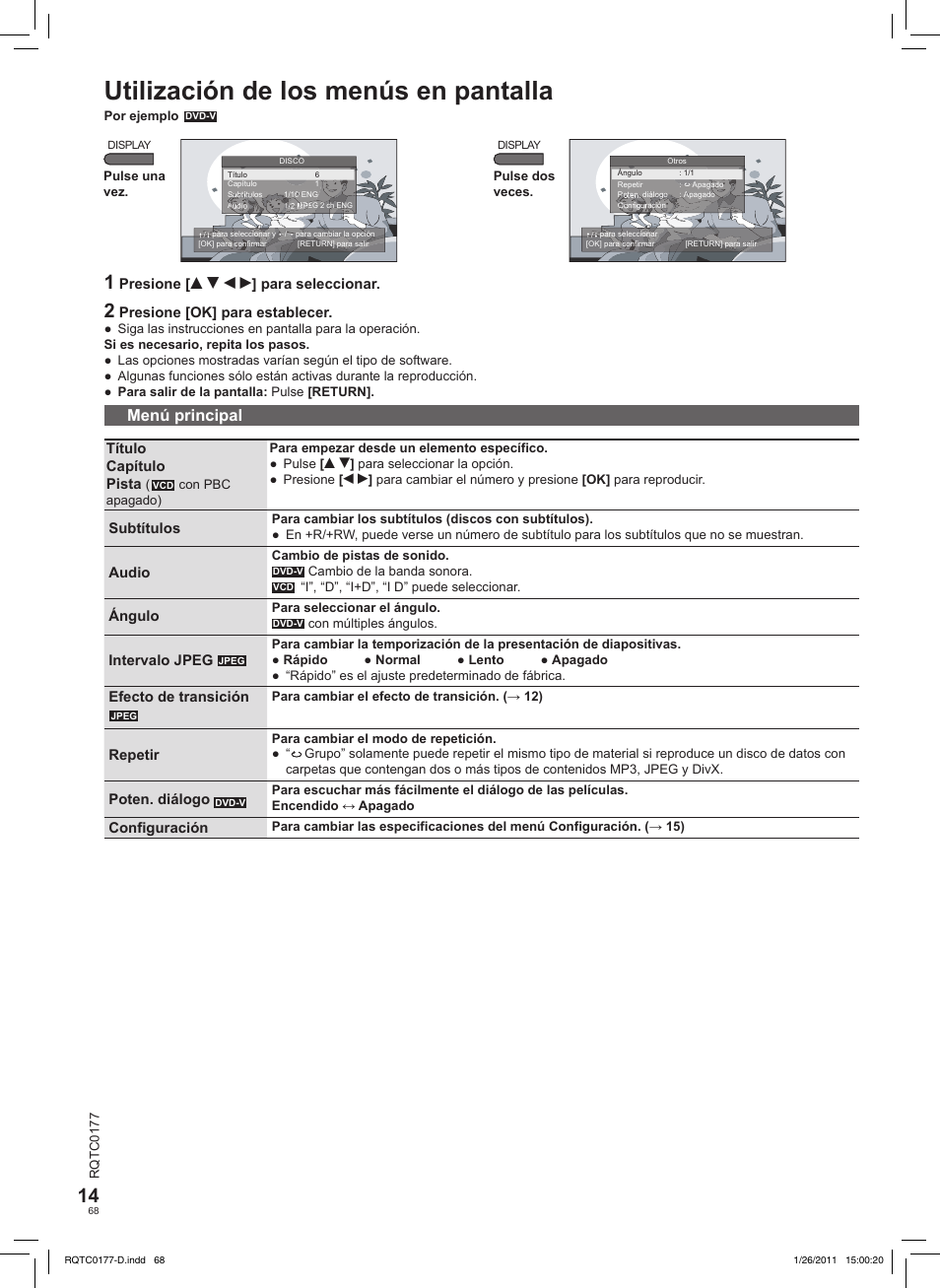 Utilización de los menús en pantalla, Menú principal | Panasonic DVDLS92EG User Manual | Page 68 / 112