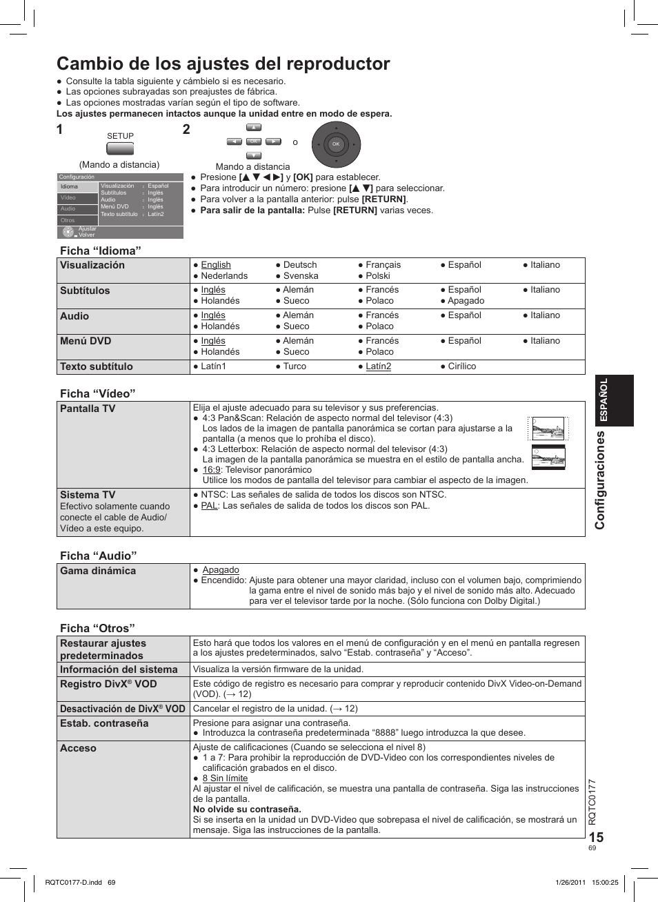 Cambio de los ajustes del reproductor, Conﬁguraciones | Panasonic DVDLS92EG User Manual | Page 69 / 112